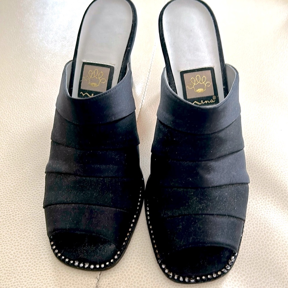 Nina Vintage Heels 8.5 Black Mules Embellished Rhinestones Glam Formal Satin